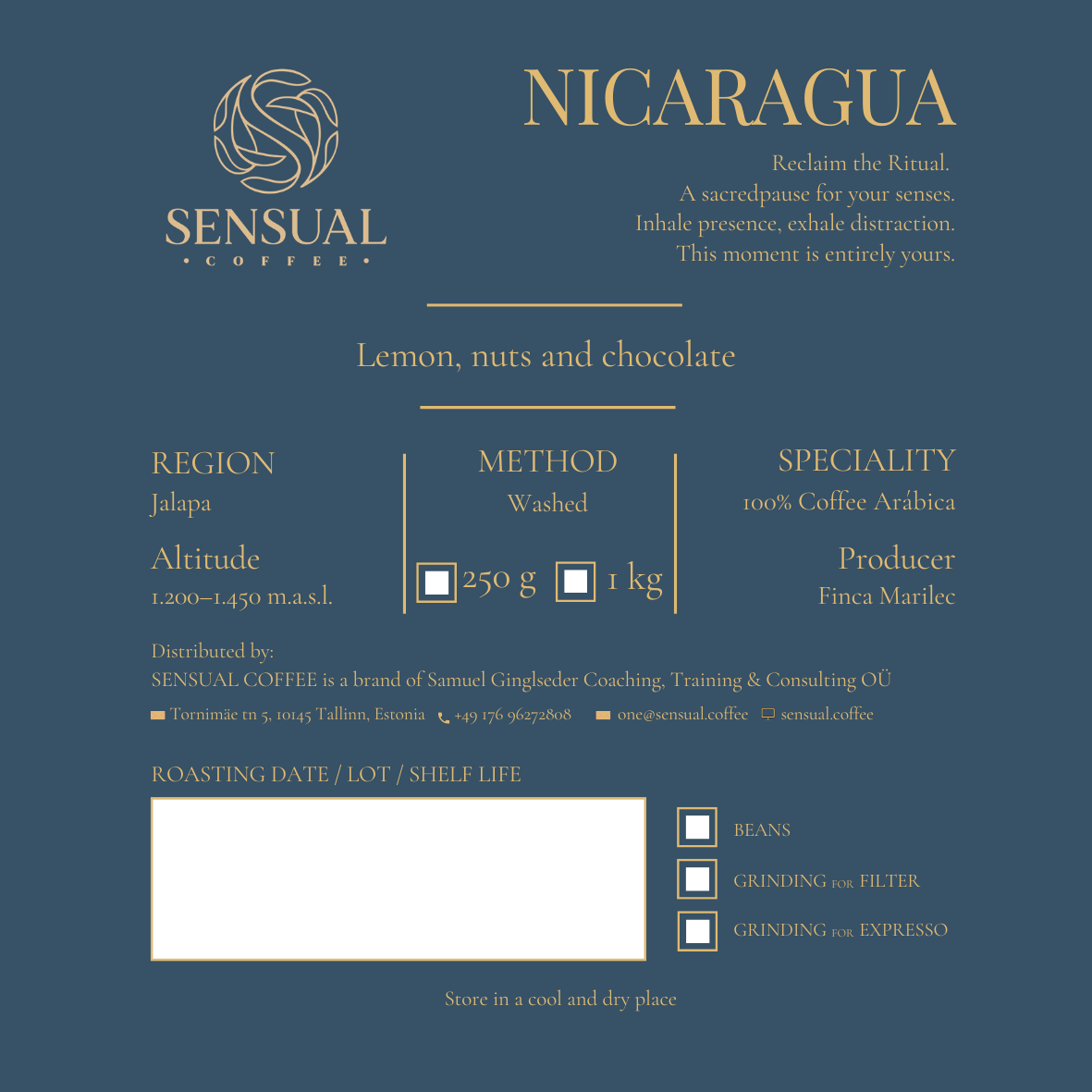 Sensual Coffee Nicaragua coffee package with product details on a blue background