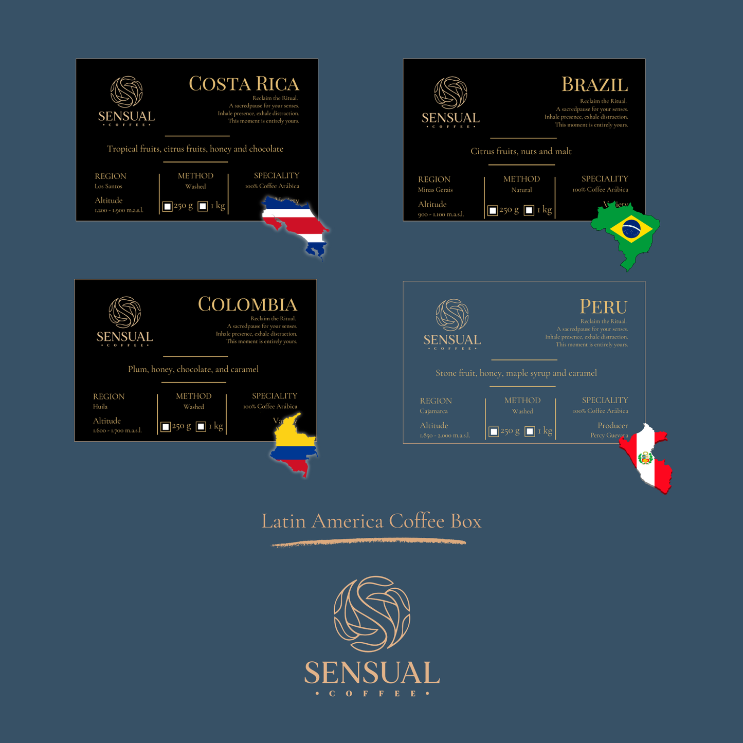 Collection of coffee labels from Costa Rica, Brazil, Colombia, and Peru with corresponding country flags on a blue background.