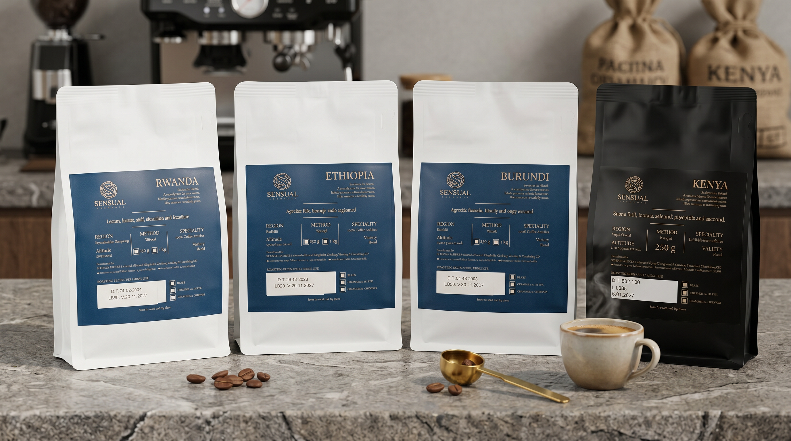 Four coffee bags with labels on a counter with coffee beans and a cup.