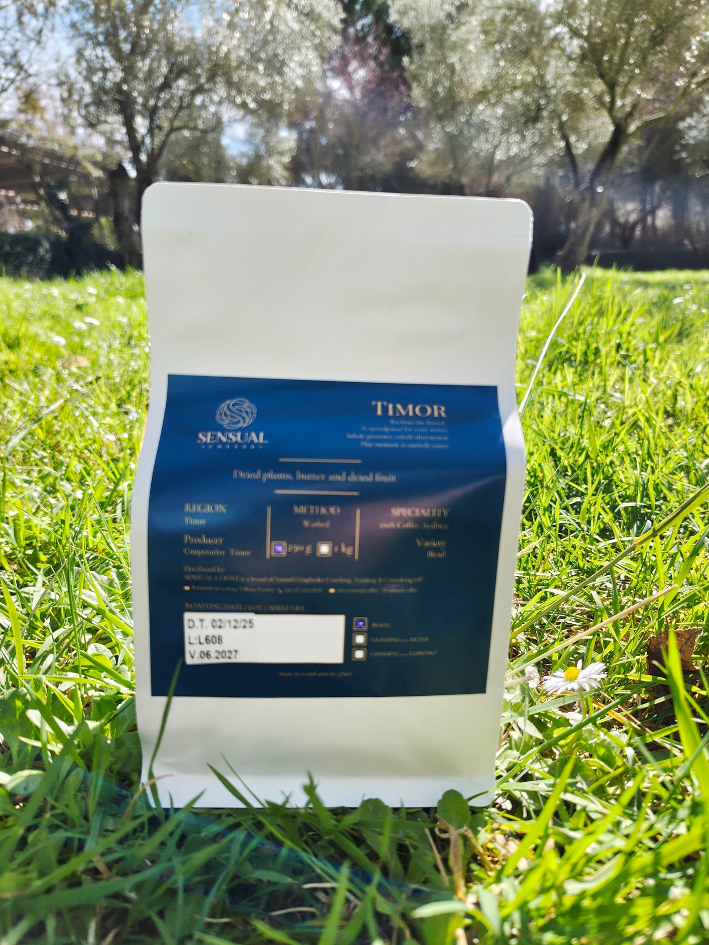 Coffee bag labeled 'Timor' on grass with trees in the background